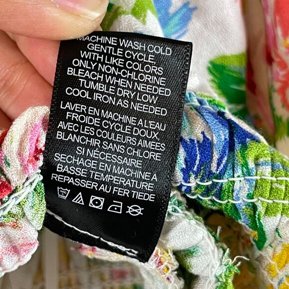 Afrm Cropped Floral Top Womens 1X Pink Green Balloon Long Sleeve Smocked - Picture 9 of 13